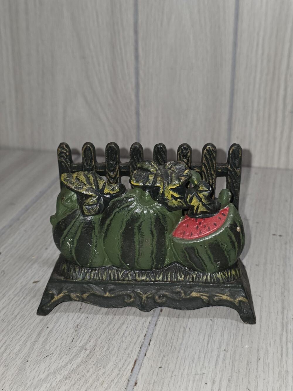 Vtg Cast Iron Painted Watermelon Napkin Letter Holder Country Kitchen Farmhouse